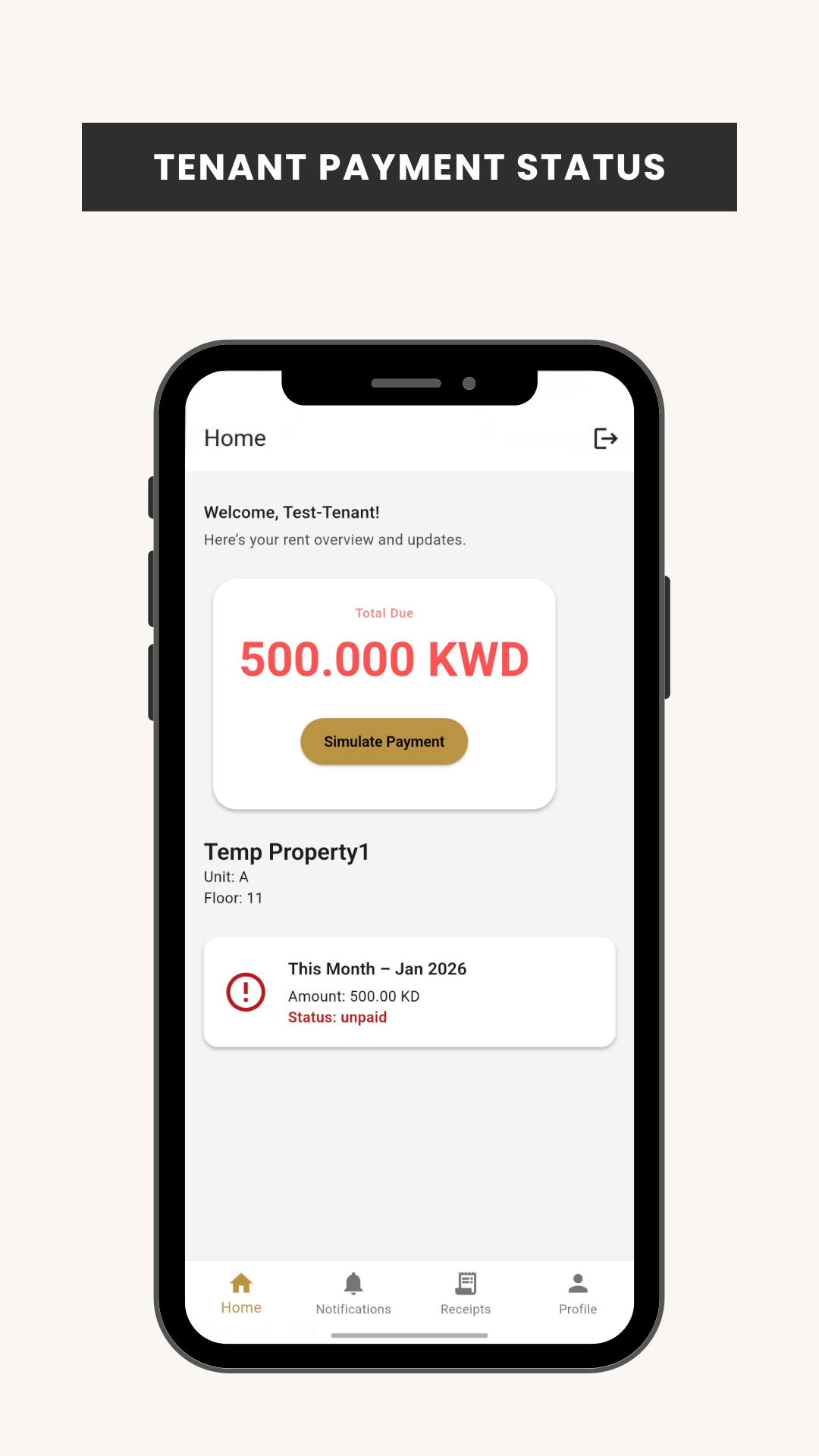 Tenant payment status screen
