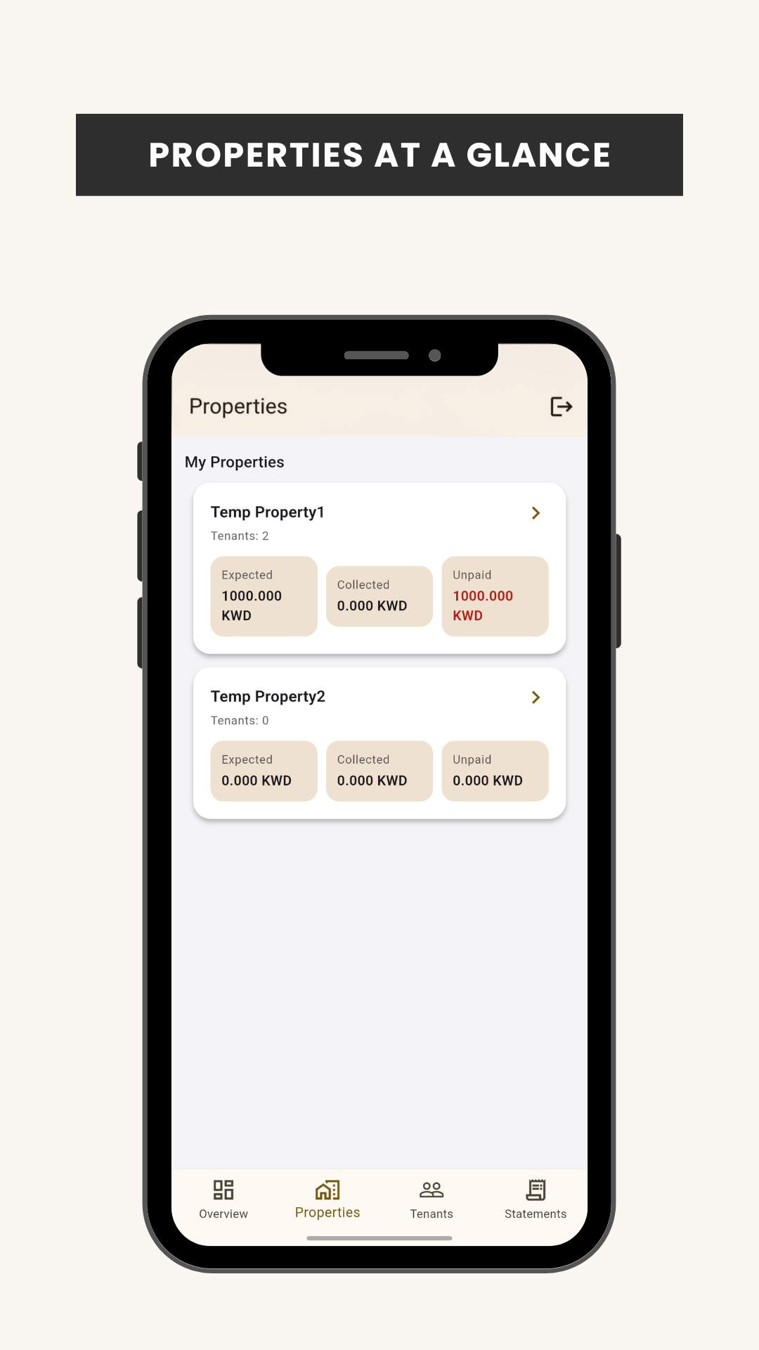 Properties at a glance screen